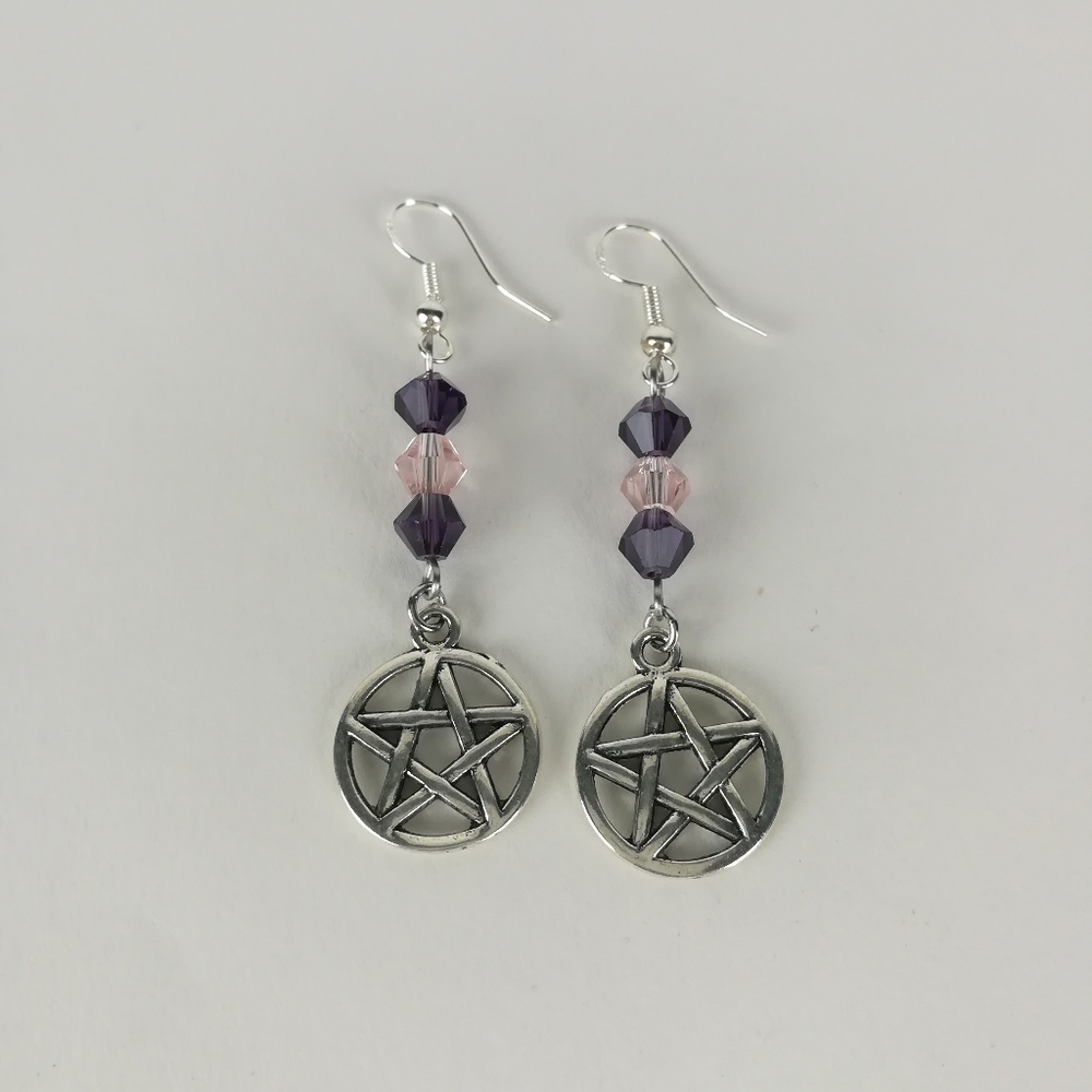 Simple pentacle earrings pink & purple faceted glass beads witchy pagan new age